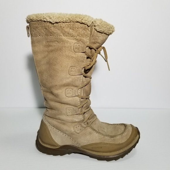 Caterpillar Beige Suede Polartec Lined Mid Calf Lace Up Winter Boots - Picture 2 of 10